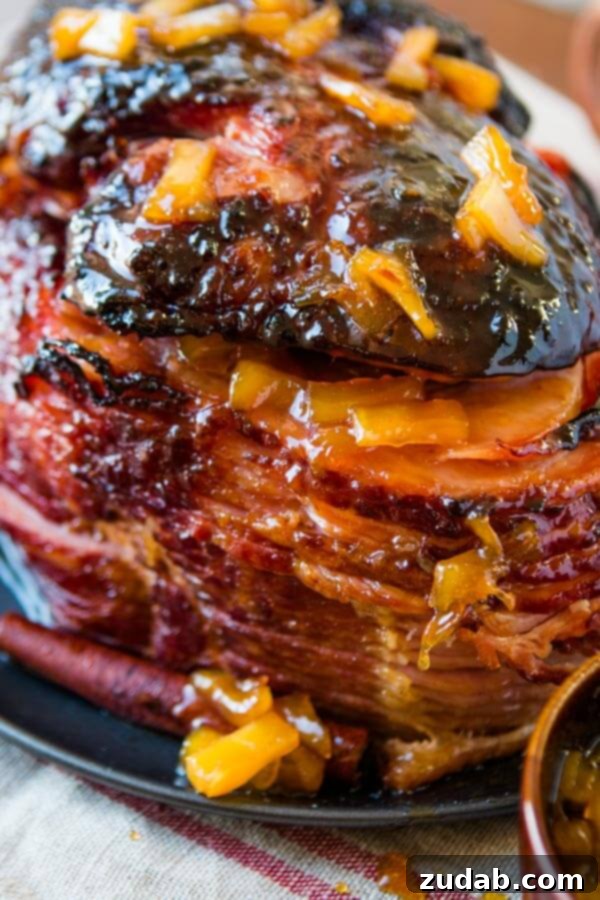 The World's Best Brown Sugar Ham, perfect for holidays, made in the oven or slow cooker. A glistening brown sugar ham smothered in its rich, caramelized glaze, presented beautifully on a platter, ready to carve and serve.
