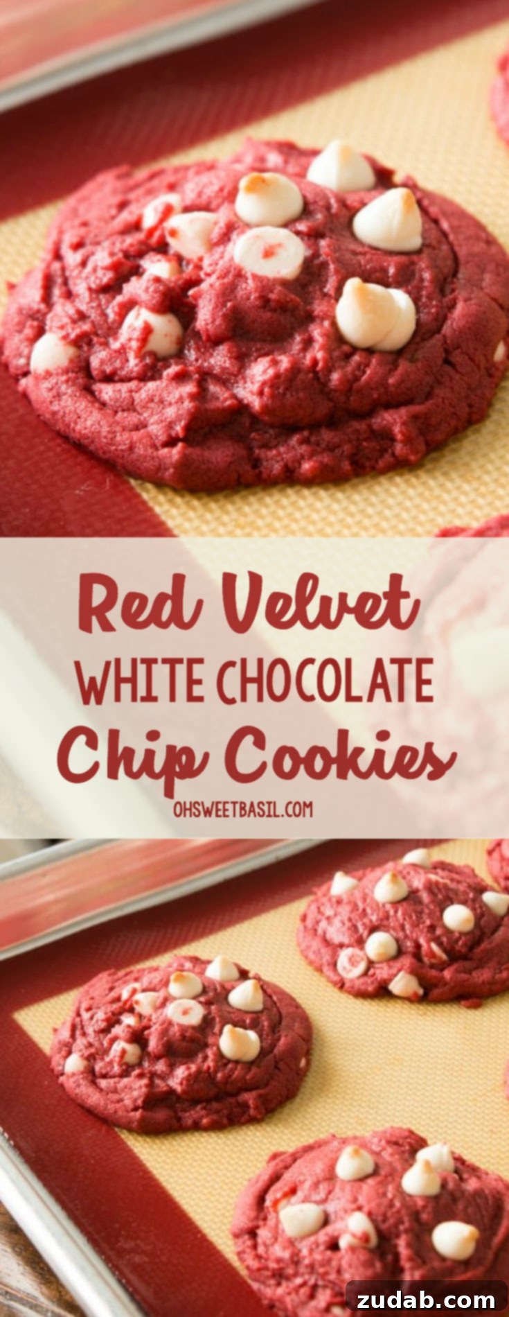 Red Velvet & White Chocolate Chip Cookies 3 Red Velvet White Chocolate Chip Cookies with extra white chocolate chips sprinkled on top for a decadent finish.