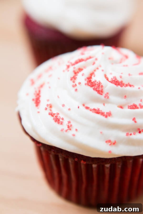 Red Velvet & White Chocolate Chip Cookies 4 Easy Red Velvet Cupcakes, perfectly moist and topped with a swirl of cream cheese frosting.