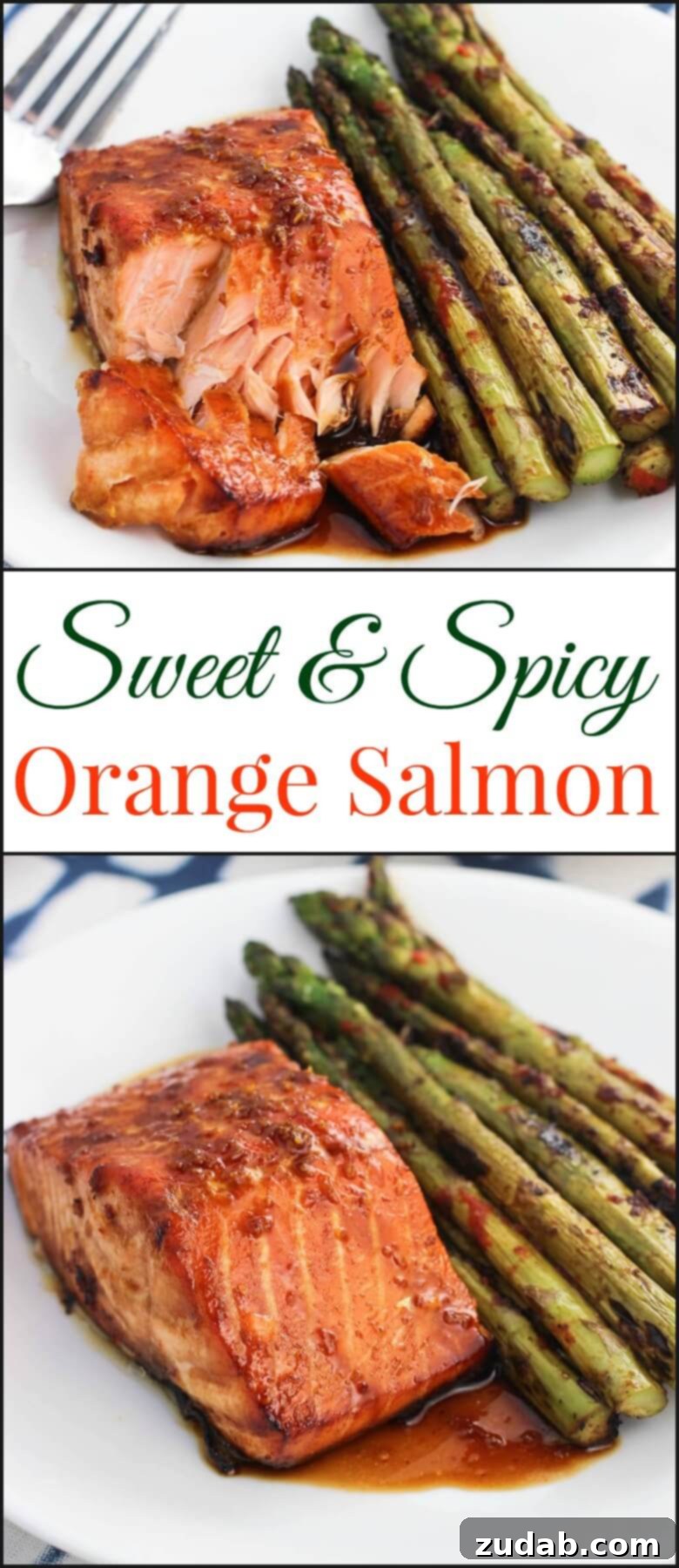 A close-up shot of the perfectly cooked Sweet and Spicy Orange Salmon, garnished beautifully