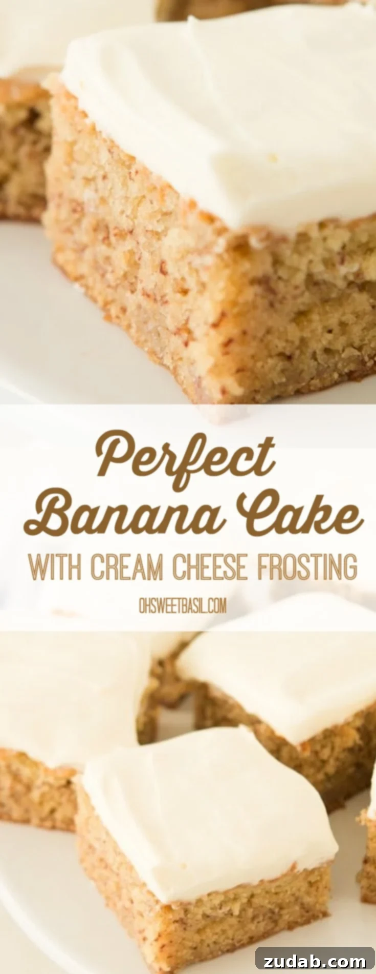 A stunning shot of a moist banana cake with generous cream cheese frosting, garnished with nuts, ready to be served.