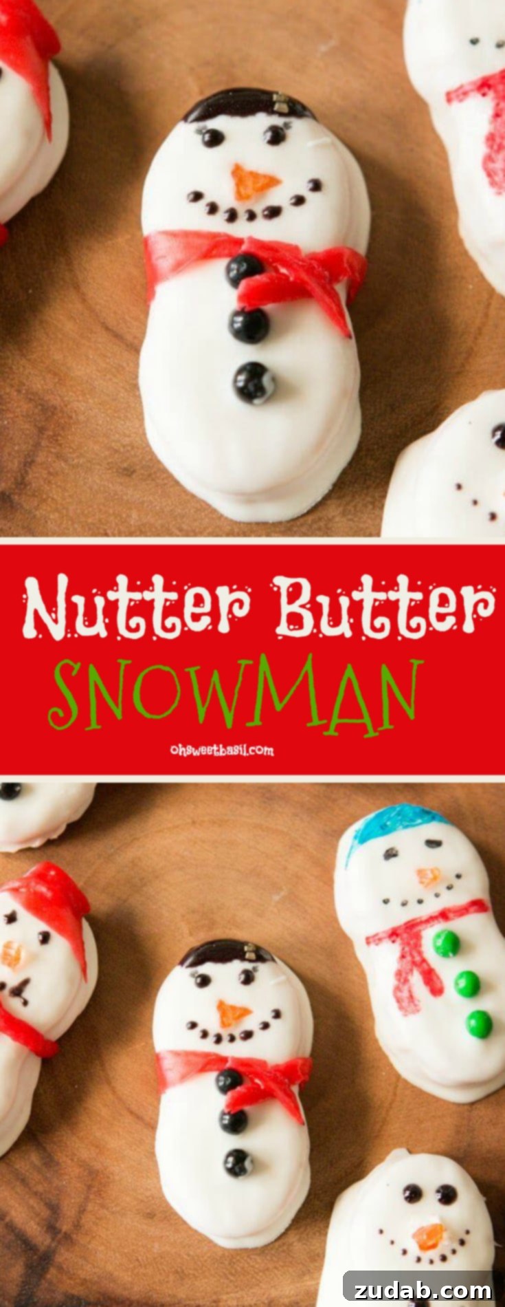 Nutter Butter Snowman Treats 4 A festive platter of Nutter Butter Snowmen, each with unique decorations and colorful fruit roll-up scarves, ready for a Christmas celebration.
