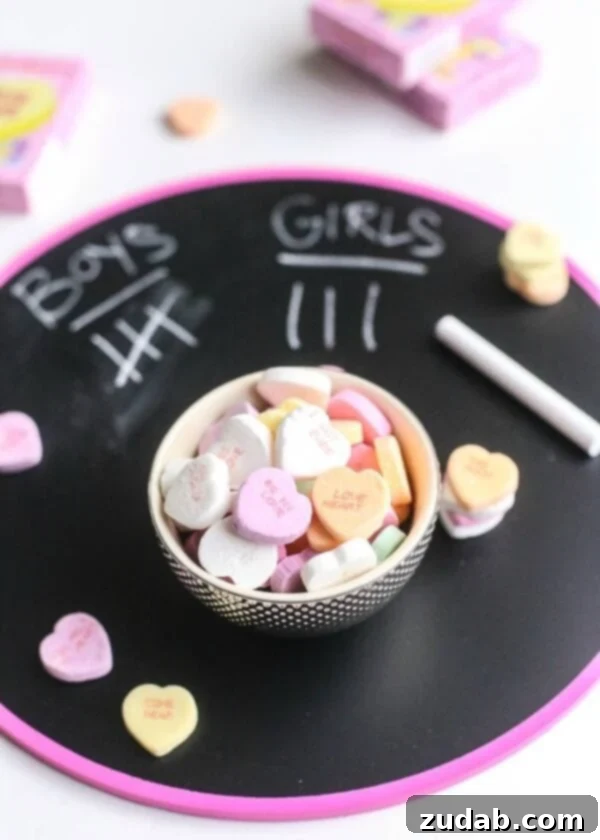 Kids playing and crafting with colorful conversation hearts for Valentine's Day