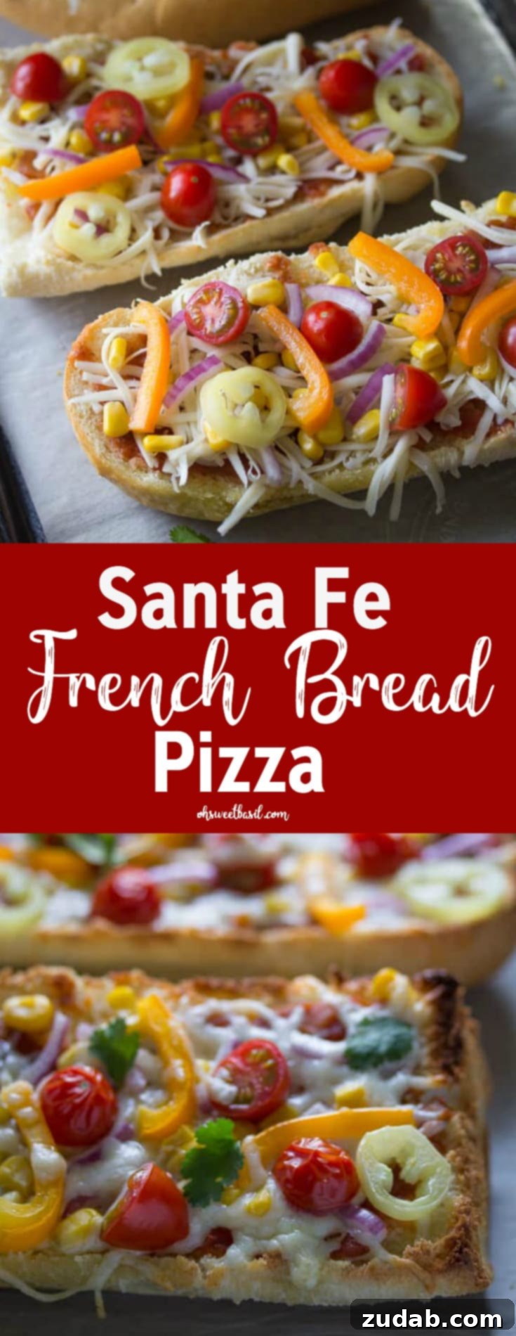 Santa Fe French Bread Pizza with cheese, tomatoes, salsa and bell peppers
