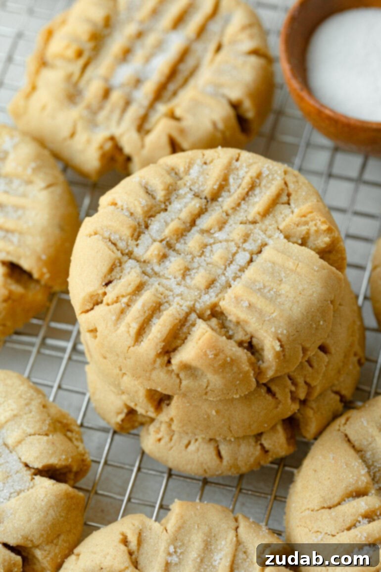 The Definitive Classic Peanut Butter Cookies 6 a photo of a stack of three baked peanut butter cookies