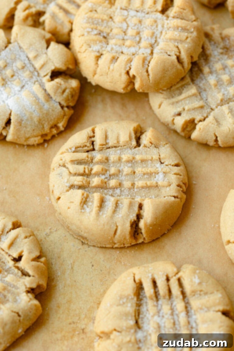 The Definitive Classic Peanut Butter Cookies 7 a photo of several baked peanut butter cookies sitting on a piece of brown parchment paper