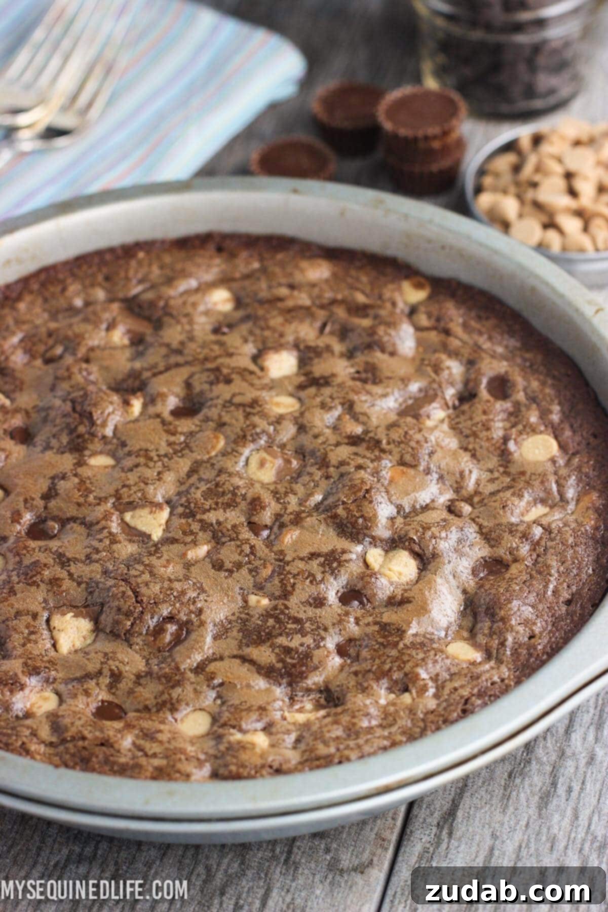 This fudgy peanut butter brownie cake recipe is a fun take on brownies! Full of chocolate and peanut butter flavor, this dessert feeds a crowd. This fudgy peanut butter brownie cake recipe is a fun take on brownies! Full of chocolate and peanut butter flavor, this dessert feeds a crowd.