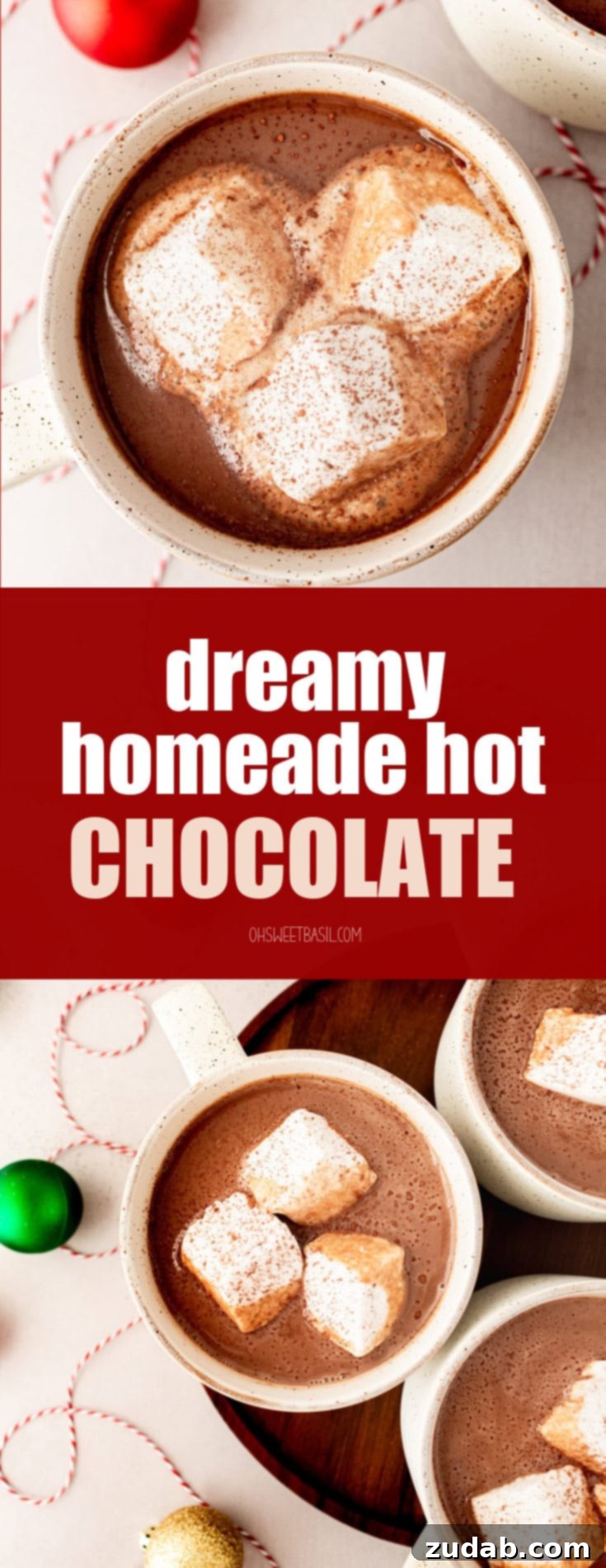 Blissful Homemade Hot Chocolate 12 A high-angle shot of a white mug filled with creamy homemade hot chocolate, generously topped with three large, white marshmallows, highlighting its decadent appeal.