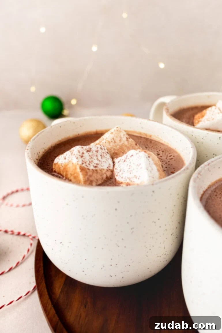 Blissful Homemade Hot Chocolate 3 A close-up photo of a cup of creamy hot chocolate topped with three large, fluffy marshmallows, evoking a sense of cozy indulgence.