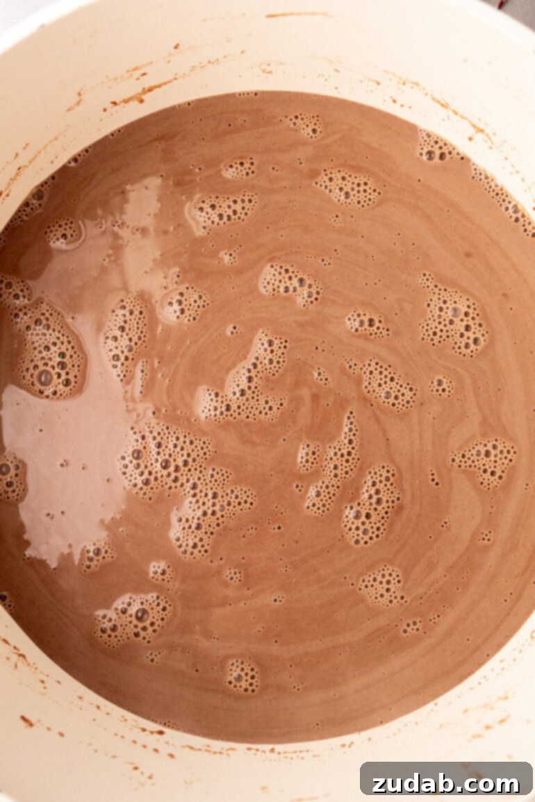 Blissful Homemade Hot Chocolate 7 A photo of homemade hot chocolate simmering in a large saucepan, rich and inviting, ready to be stirred.
