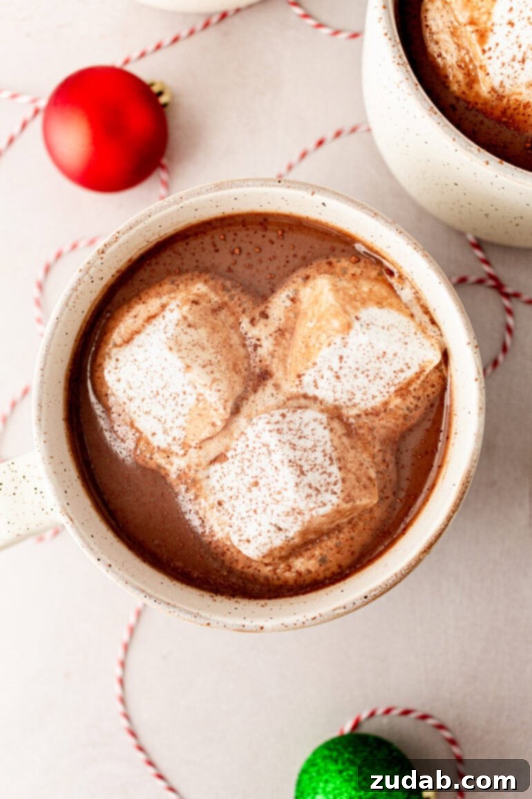 Blissful Homemade Hot Chocolate 8 A photo taken over the top of a mug of hot chocolate, perfectly garnished with three large marshmallows, suggesting a cozy and comforting moment.