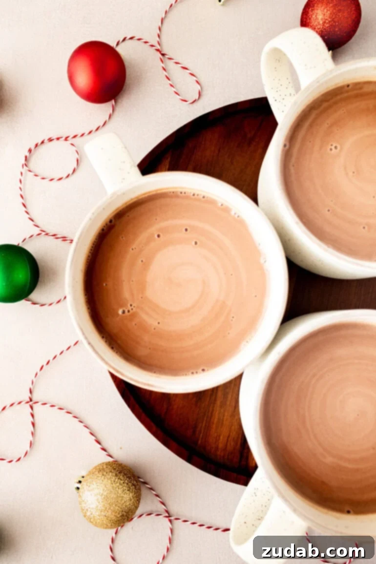 Blissful Homemade Hot Chocolate 9 A photo of three mugs of creamy hot chocolate sitting on an elegant wooden serving tray, creating a rustic and inviting presentation.