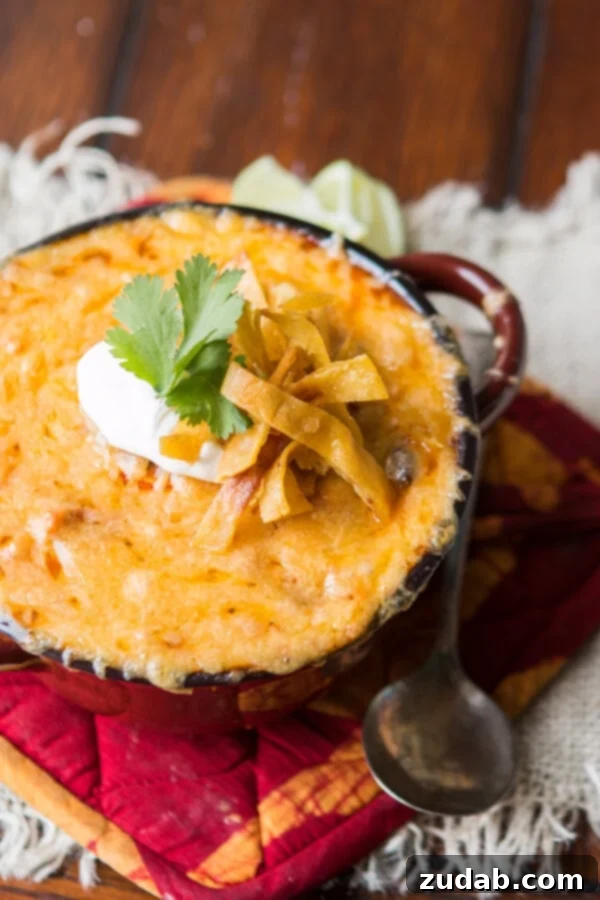 Homemade Honey Lime Chicken Enchiladas Soup A beautifully presented bowl of homemade Honey Lime Chicken Enchiladas Soup, topped generously with shredded cheddar cheese, fresh avocado slices, and a vibrant sprinkle of cilantro, ready to be enjoyed.
