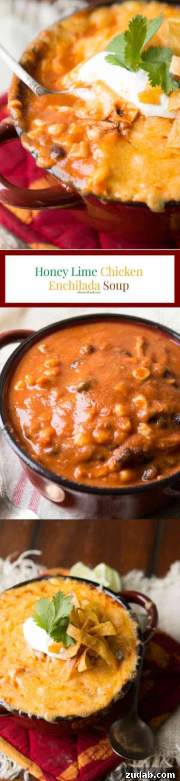 Honey Lime Chicken Enchilada Soup 4 A large pot of Honey Lime Chicken Enchiladas Soup simmering on the stove, showing its rich texture and appetizing ingredients.