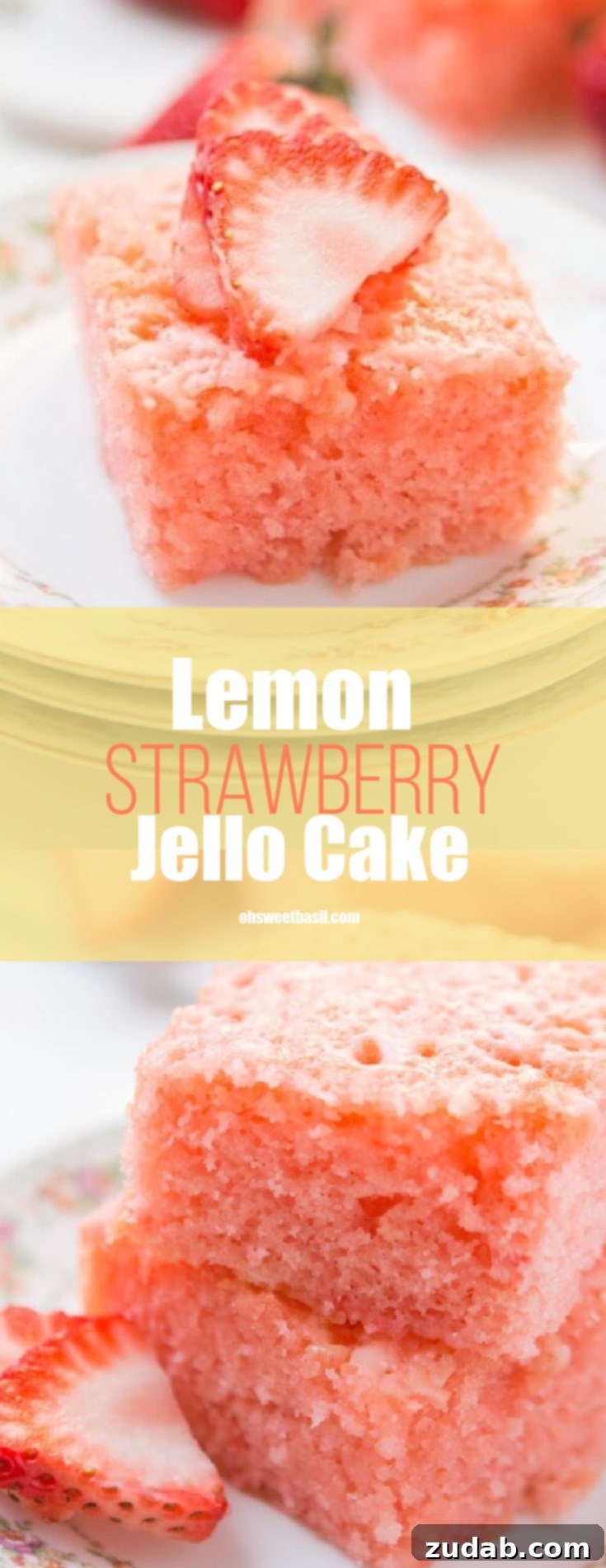 Summer Strawberry Lemon Cloud Cake 4 A perfectly sliced piece of Strawberry Lemonade Jello Cake with a hint of lemon glaze, ready to be enjoyed as a refreshing spring or summer dessert.