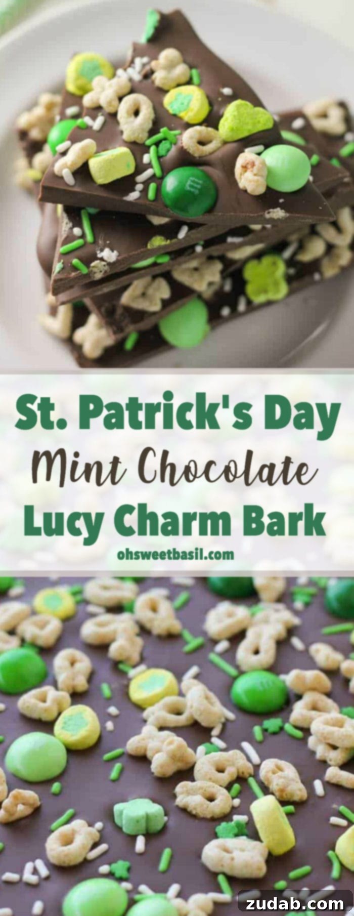 Emerald Mint Chocolate Lucky Charms Bark 2 A stack of Mint Chocolate St. Patrick's Day Lucky Charm Bark with sprinkles, Lucky Charms and M & M’s on top.
