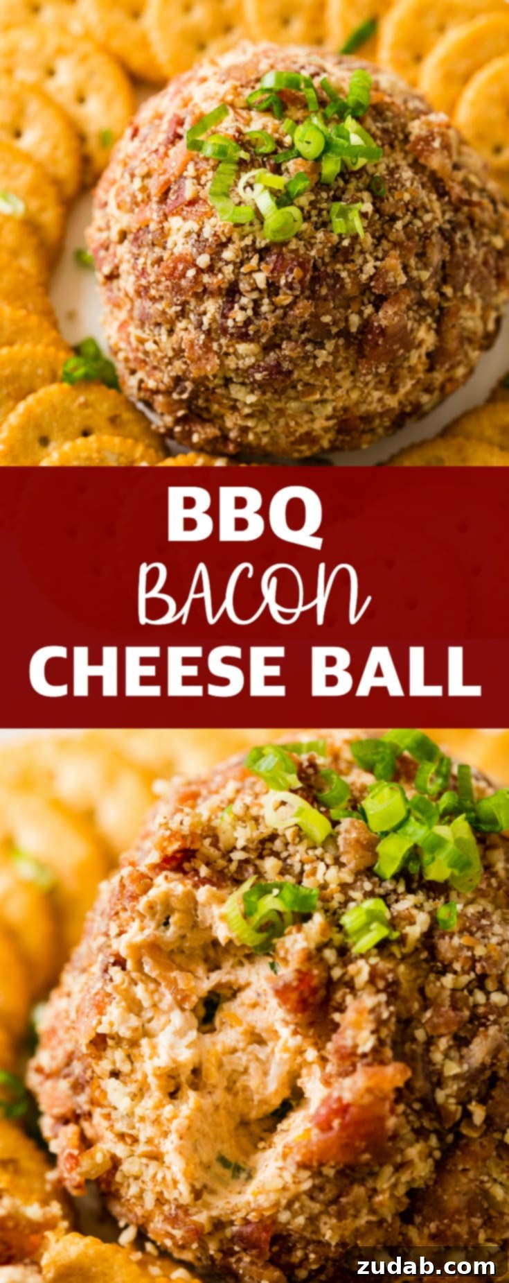 Ultimate BBQ Bacon Cheese Ball 8 The finished BBQ Bacon Cheese Ball, ready to serve as a delicious and easy party appetizer. It's covered in a rich pecan and brown sugar bacon coating.