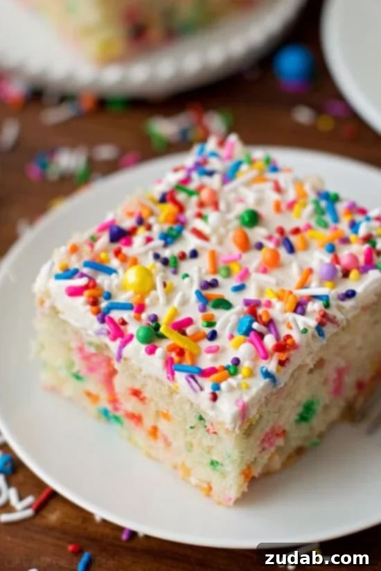 Homemade Funfetti Cake garnished with extra sprinkles on top of fluffy white frosting.