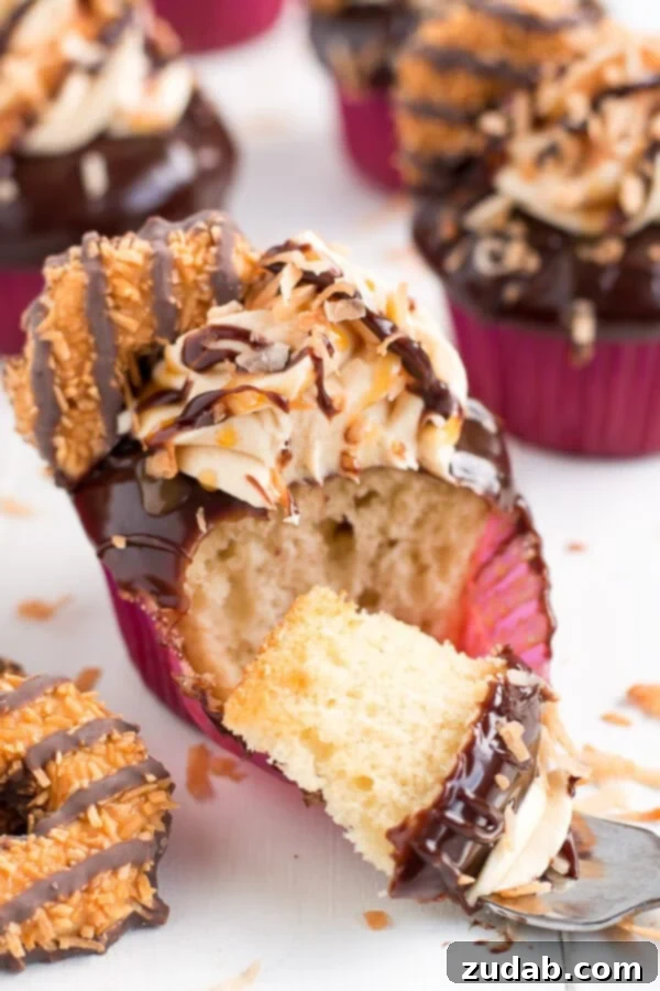 Island Caramel Coconut Cupcakes 5 Girl scout cookie meets cupcake in these rich chocolaty, caramel, and toasted coconut Samoa Cupcakes!