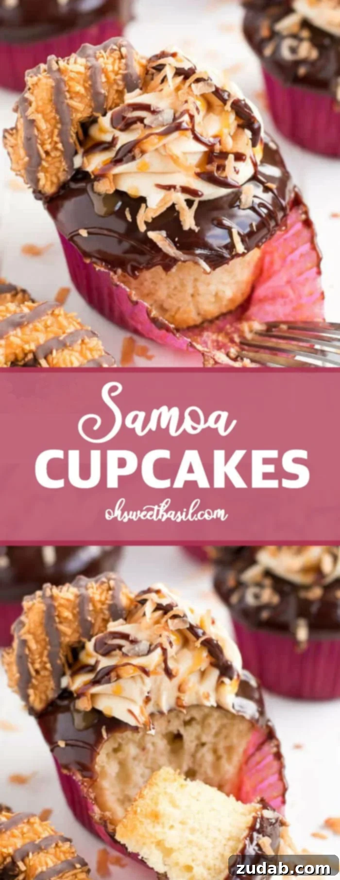 Island Caramel Coconut Cupcakes 7 Girl scout cookie meets cupcake in these rich chocolaty, caramel, and toasted coconut Samoa Cupcakes!