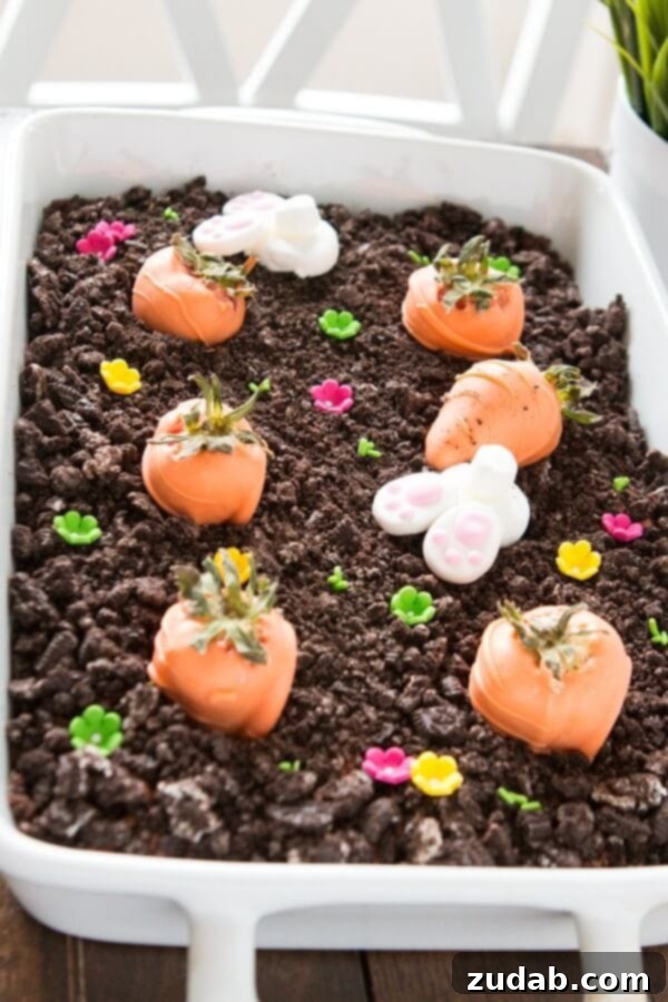 Delicious No-Bake Chocolate Dessert for Spring A slice of the creamy No-Bake Chocolate Oreo Bunny Garden Dessert, ready to serve