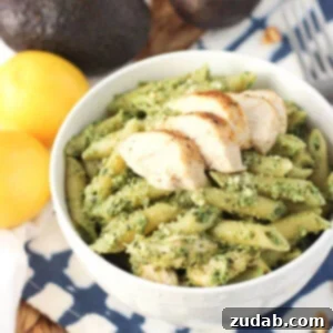 Creamy Avocado Pesto Chicken Pasta 2 This avocado pesto chicken pasta is a quick weeknight meal with a lighter and creamy sauce. A great way to use leftover chicken!