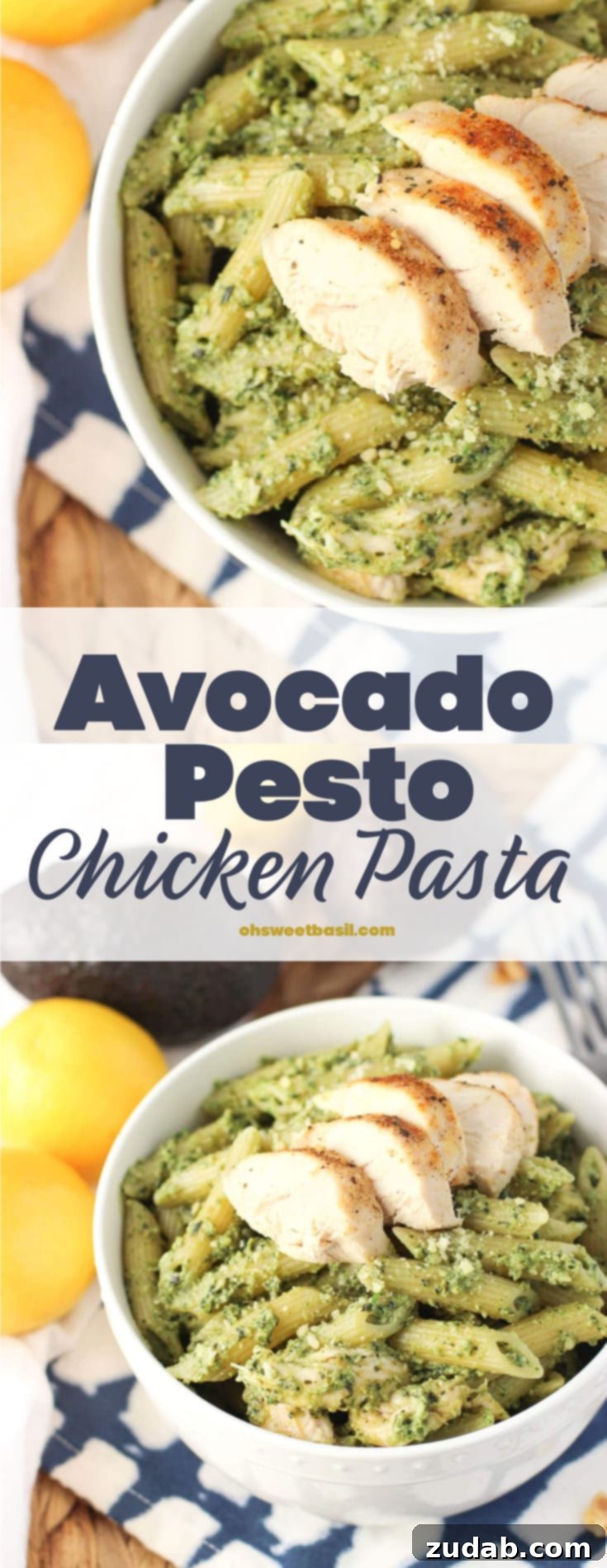 Creamy Avocado Pesto Chicken Pasta 3 A bowl of Creamy Avocado Chicken Pasta with chicken on top