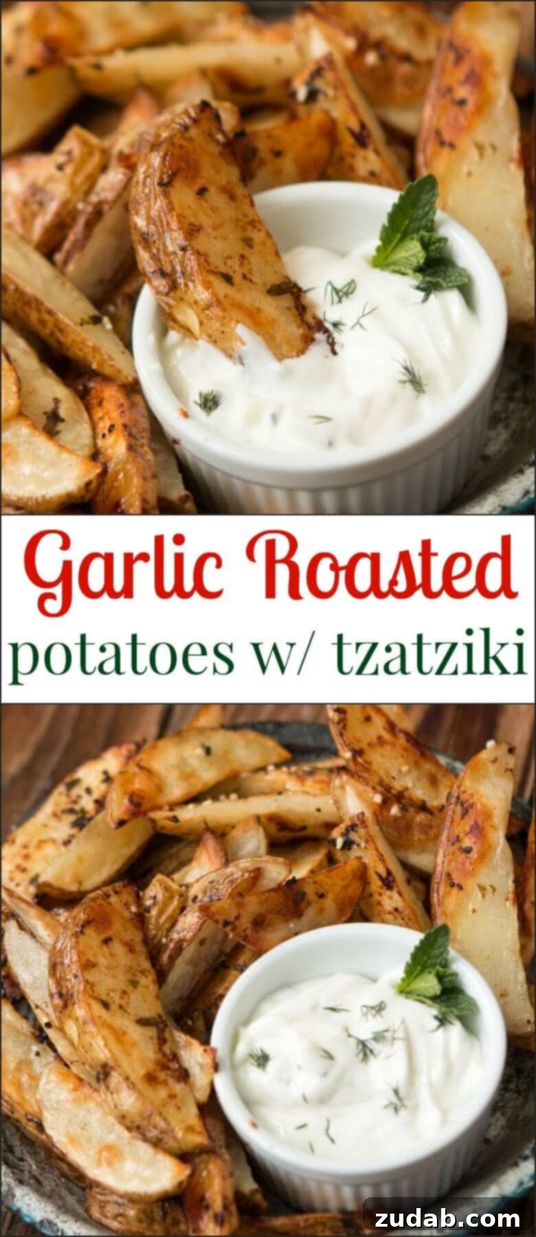 Roasted potatoes dipped in a creamy, garlicky tzatziki sauce.