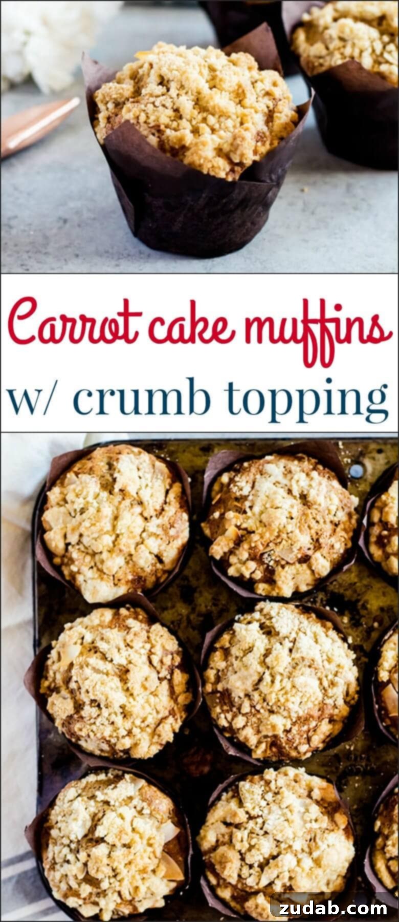 Spiced Carrot Streusel Muffins 3 A close-up shot of a perfectly baked carrot cake muffin, showcasing its golden-brown exterior and crumbly topping.