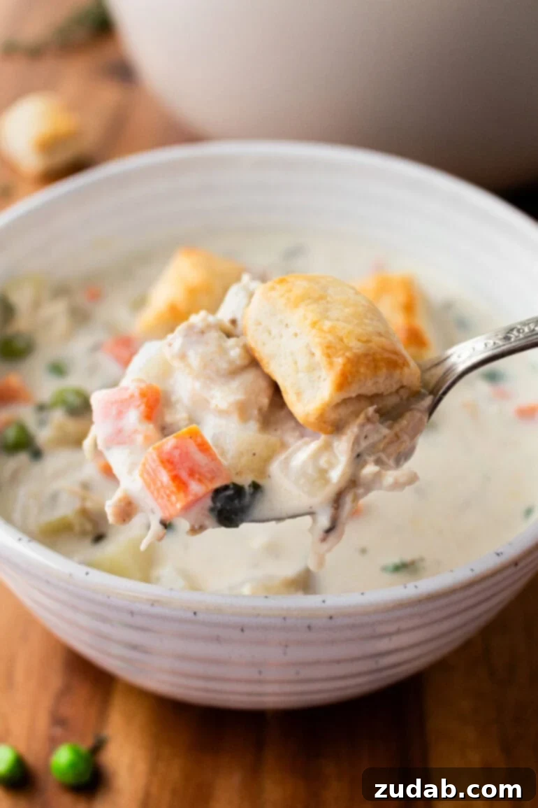 Velvety Chicken Pot Pie Soup 2 A photo of a bowl of creamy chicken pot pie soup topped with small golden biscuits, inviting and warm.