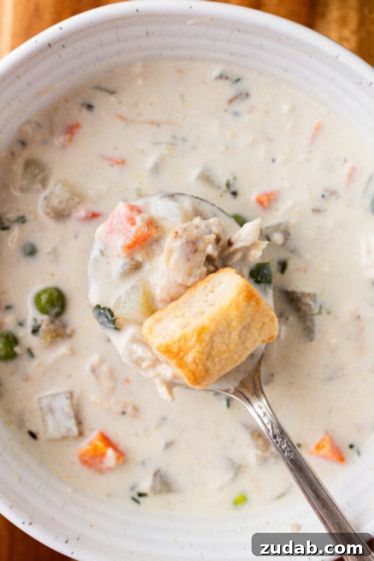 Velvety Chicken Pot Pie Soup 12 A photo of a spoonful of creamy chicken pot pie soup being lifted from a full bowl with a little biscuit on top, showing the rich texture.