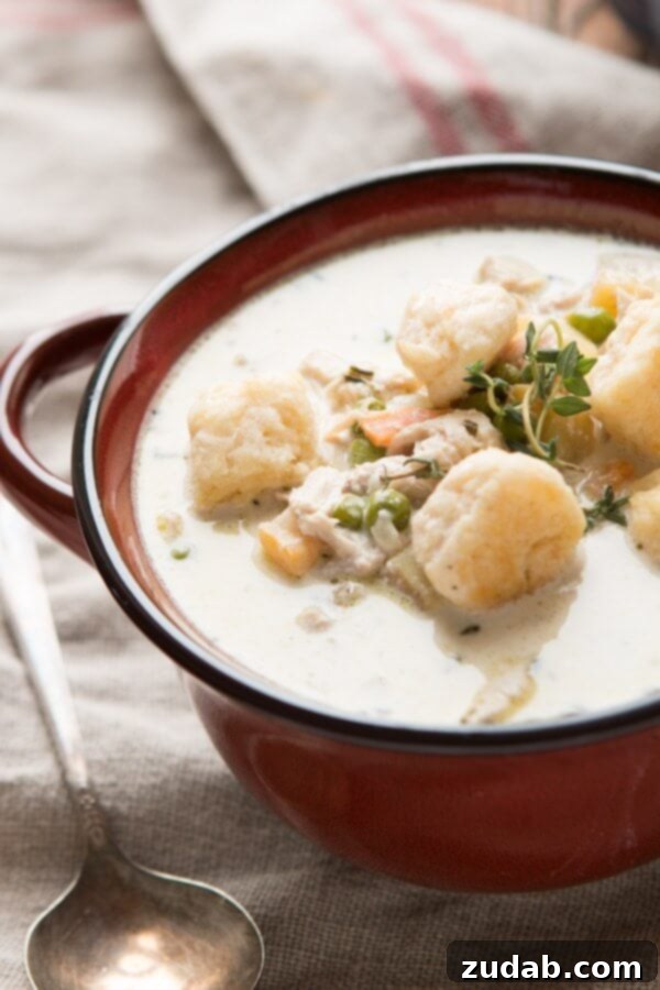Velvety Chicken Pot Pie Soup 16 A serving of creamy chicken pot pie soup with biscuits, ready to be enjoyed.