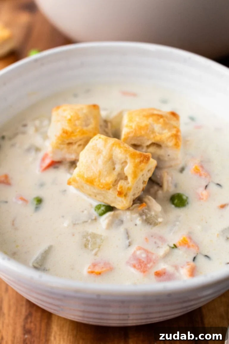 Velvety Chicken Pot Pie Soup 3 A photo of a bowl of creamy pot pie soup topped with three small, golden-brown biscuits, showcasing the delicious texture.