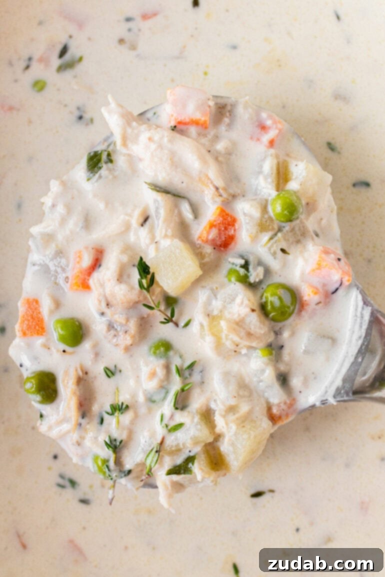 Velvety Chicken Pot Pie Soup 5 A photo of a big ladle of creamy chicken pot pie soup being lifted from a large pot of soup, highlighting its rich texture.