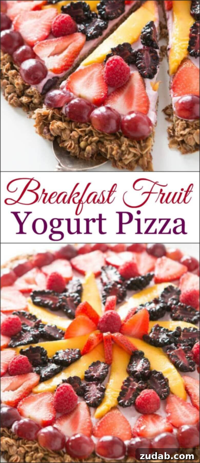 Fresh Fruit Toppings for Granola and Yogurt Pizza An inviting display of colorful fresh fruit toppings, including raspberries, grapes, blackberries, and strawberries, artfully arranged on a creamy yogurt base for a delicious Breakfast Fruit and Yogurt Pizza.