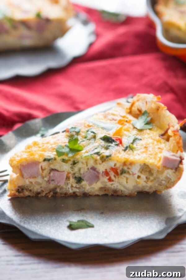 Golden hash browns make a great crust for this hash browns ham frittata! Serve as is or with hot sauce for a spicy little pop! low-carb Sautéed diced ham and colorful bell peppers, ready to be mixed into the frittata egg mixture.