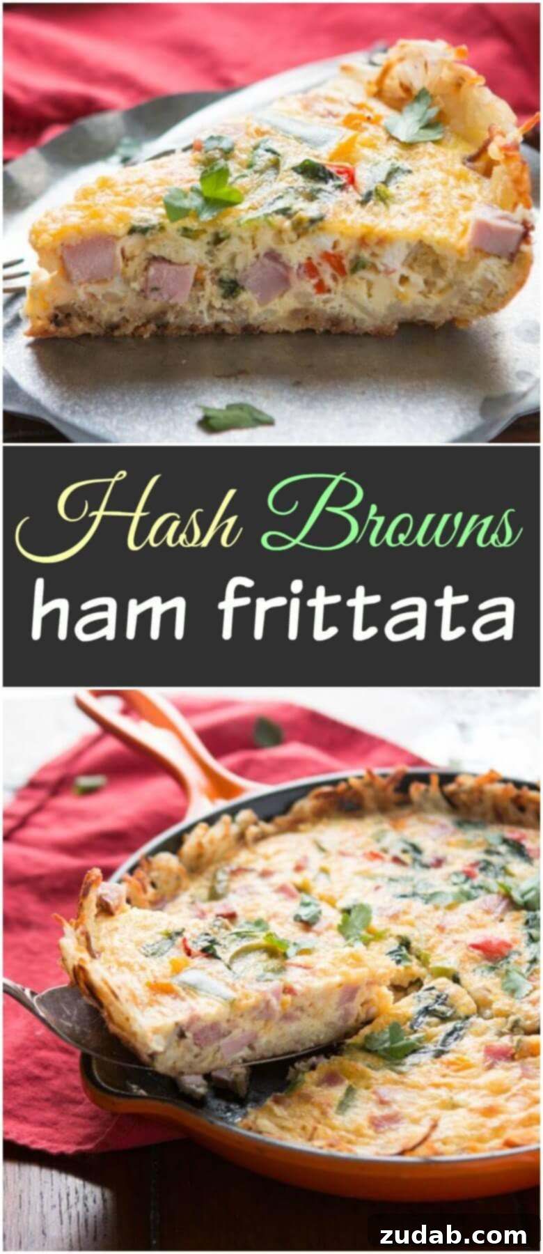 Golden hash browns make a great crust for this hash browns ham frittata! Serve as is or with hot sauce for a spicy little pop! low-carb A perfectly cooked slice of hash browns ham frittata on a plate, showcasing its golden crust and savory filling.