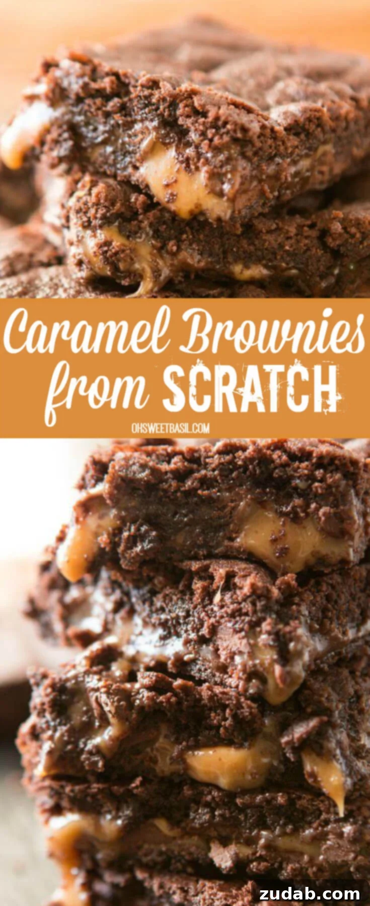 A tall stack of rich, gooey Caramel Brownies From Scratch, showing off the decadent layers of chocolate and caramel