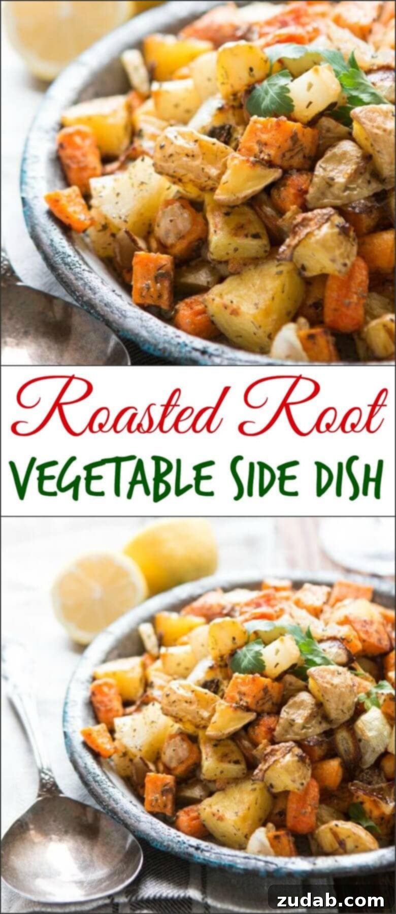 Golden Roasted Root Medley 2 A full, close-up shot of a large serving dish overflowing with roasted root vegetables, including sweet potatoes, carrots, broccoli, and onions, emphasizing the abundance and inviting texture.