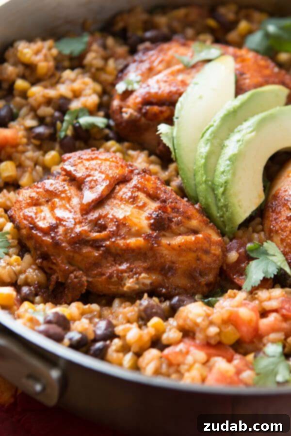 It's a one skillet wonder! Mexican Fiesta Chicken and Rice served with fresh cilantro and a creamy avocado. It's healthier too with brown rice! Fiesta Chicken and Rice Skillet garnished with avocado slices and fresh cilantro