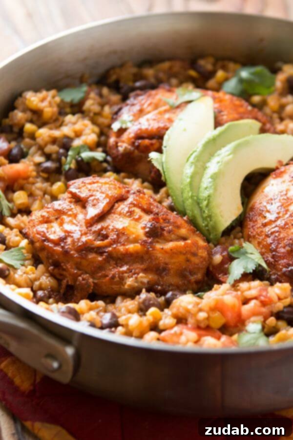 It's a one skillet wonder! Mexican Fiesta Chicken and Rice served with fresh cilantro and a creamy avocado. It's healthier too with brown rice! Mexican Chicken and Rice Skillet garnished with avocado slices and fresh cilantro