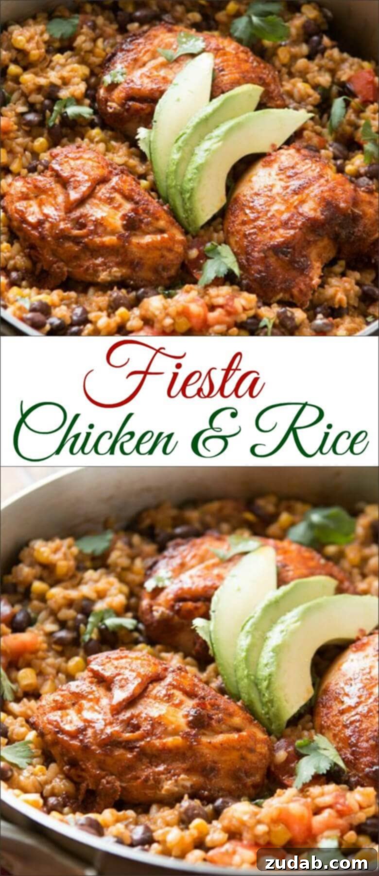 Zesty Fiesta Chicken & Rice 2 It's a one skillet wonder! Mexican Fiesta Chicken and Rice served with fresh cilantro and a creamy avocado. It's healthier too with brown rice!