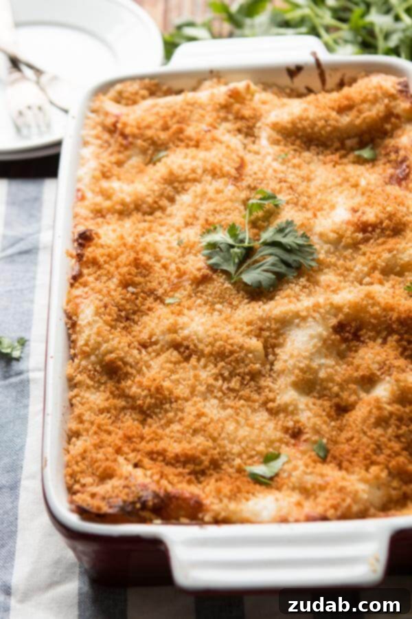 Crispy panko breadcrumbs add the perfect finish to your lasagna. Golden, buttery panko breadcrumbs topping a chicken cordon bleu lasagna.