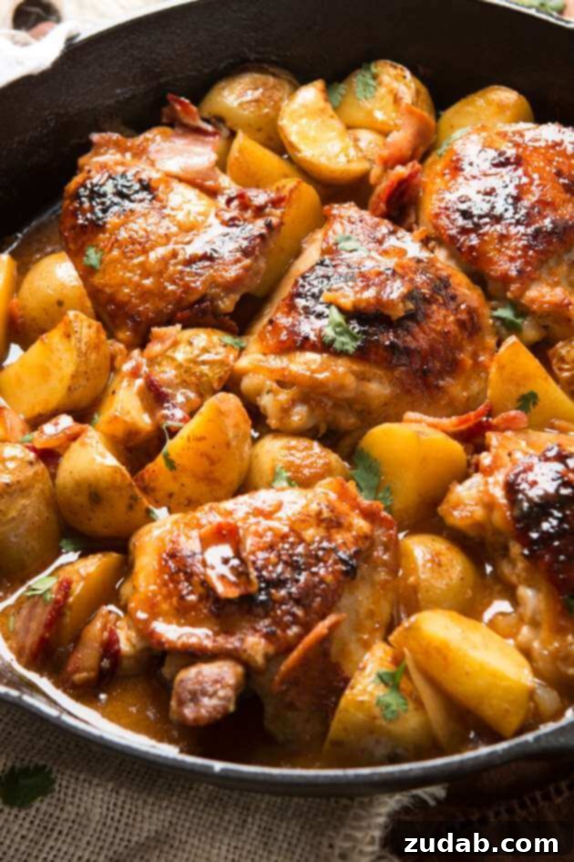 Hands down, our absolute most favorite recipe ever is this juicy, saucy braised dijon chicken and potatoes that's a one skillet wonder! paleo, whole 30 Close-up of a serving of Dijon braised chicken and potatoes, showing the tender chicken, roasted potatoes, and rich sauce.