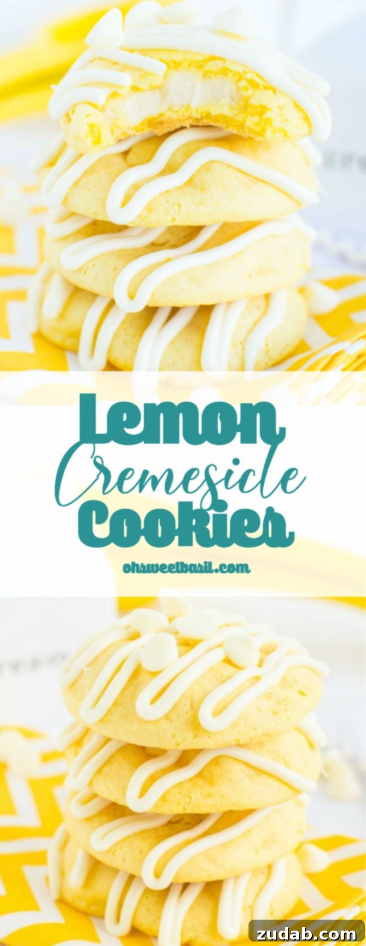 Dreamy Lemon Cremesicle Cookies 3 A stack of Lemon Cremesicle cookies with a cream cheese filling drizzled with white chocolate
