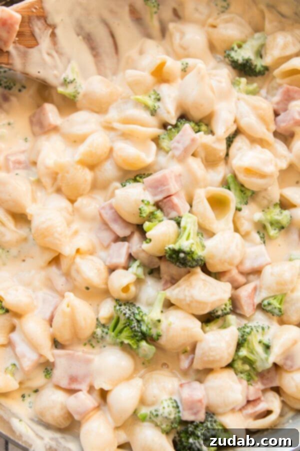 Creamy Mac and Cheese with Ham and Broccoli for a Satisfying Meal Close-up of a generous portion of creamy Ham and Broccoli Macaroni and Cheese, showing the rich texture.
