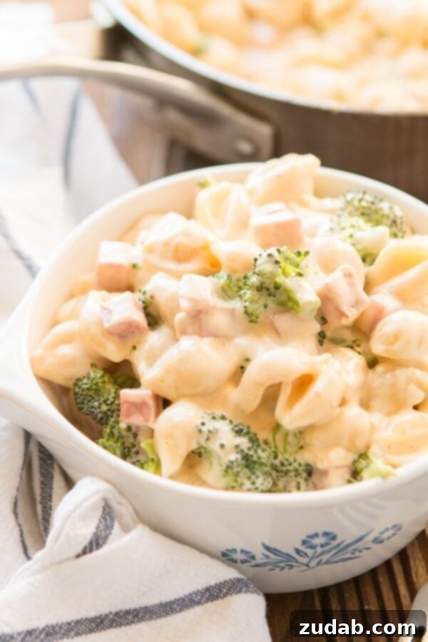 Hearty Family Meal: Ham and Broccoli Mac and Cheese A beautifully presented bowl of Ham and Broccoli Macaroni and Cheese, garnished and ready to be served.