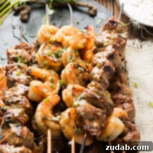 Spicy surf and turf kabobs with vibrant colors and rich textures.