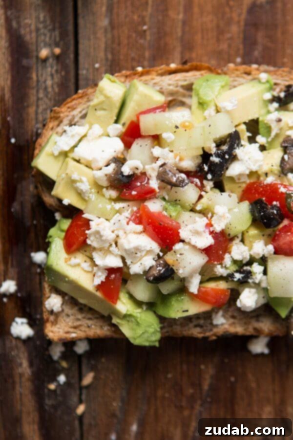 Beyond Basic: 6 Epic Avocado Toast Ideas 8 Fresh Greek Salad Avocado Toast with feta and olives.