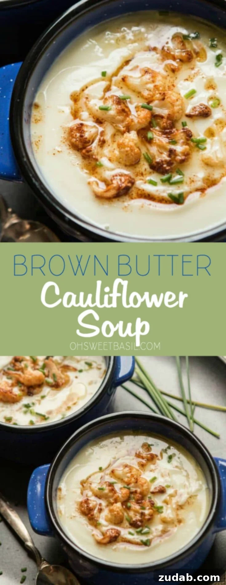 A blue bowl with brown butter cauliflower soup, garnished and ready to serve.